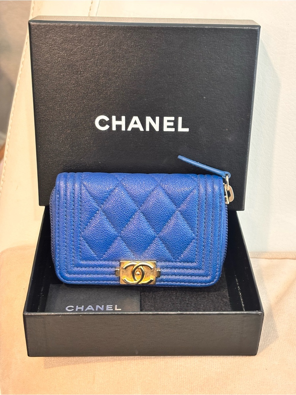 CHANEL Boy Blue Caviar Quilted Leather Zip Around Coin Purse Wallet W/ Box - Picture 2 of 16